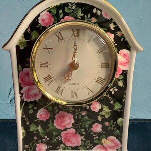 ANTIQUE-Style Porcelain Clock Floral Motif Gold Gilded Table or Vanity Excellent
